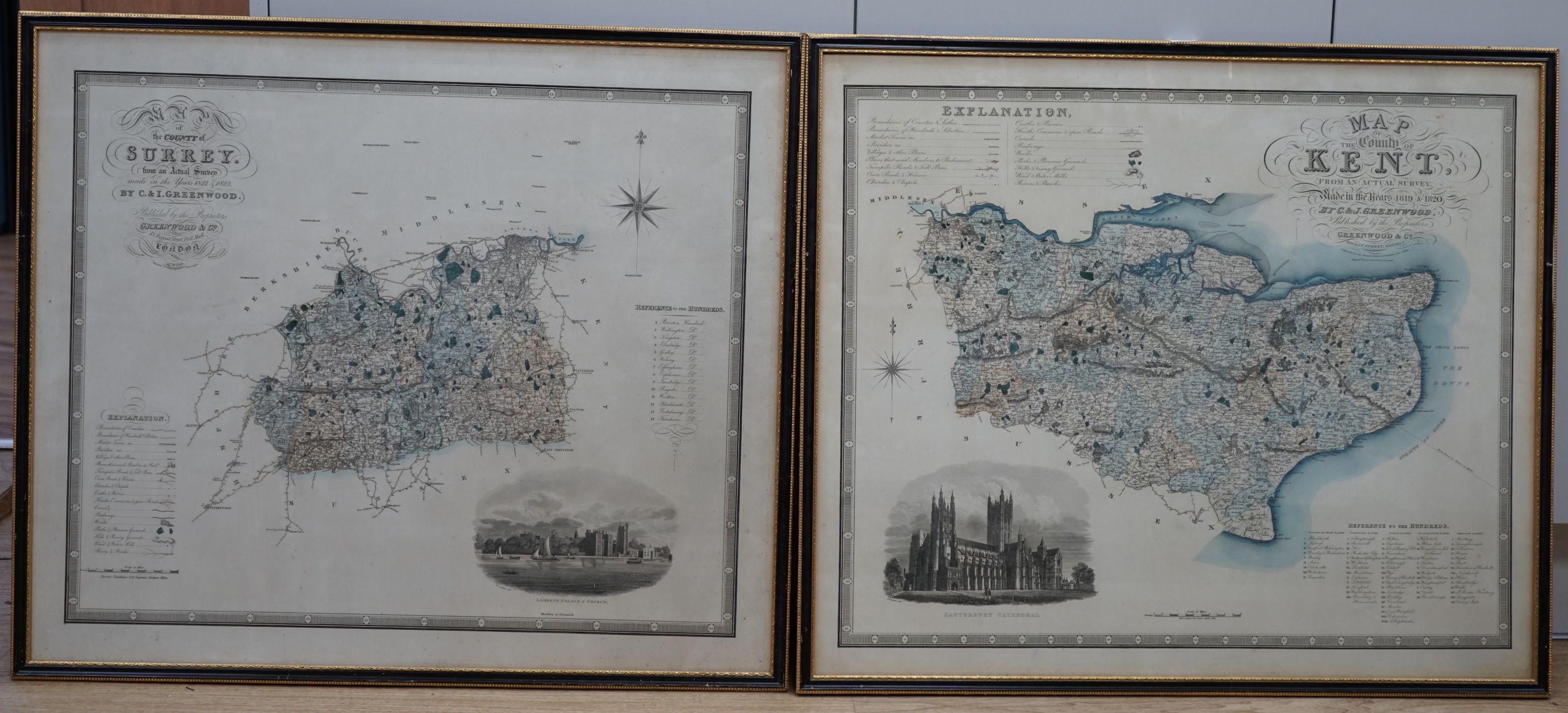 Greenwood & Co, pair of hand coloured engravings, Maps of the Counties of Surrey and Kent, c.1820, 64 x 75cm
